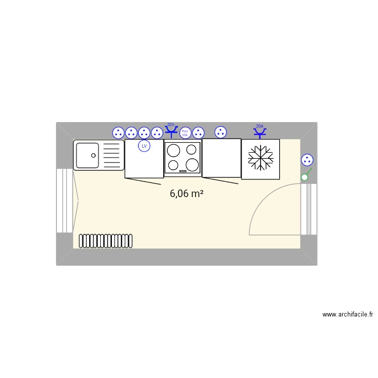 Cuisine. Plan de 1 pièce et 6 m2