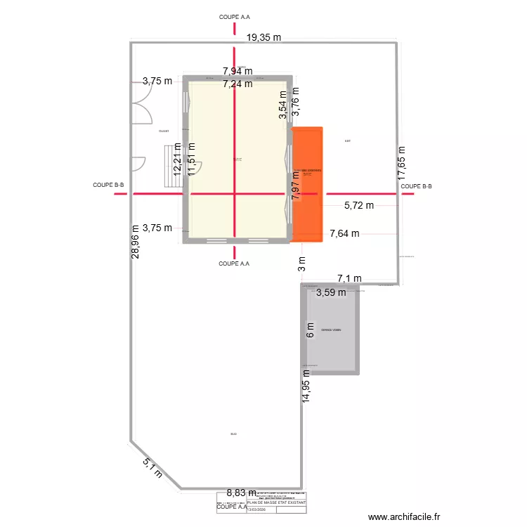41 SORINS PLAN DE MASSE ETAT EXISTANT2. Plan de 3  et 121 m²