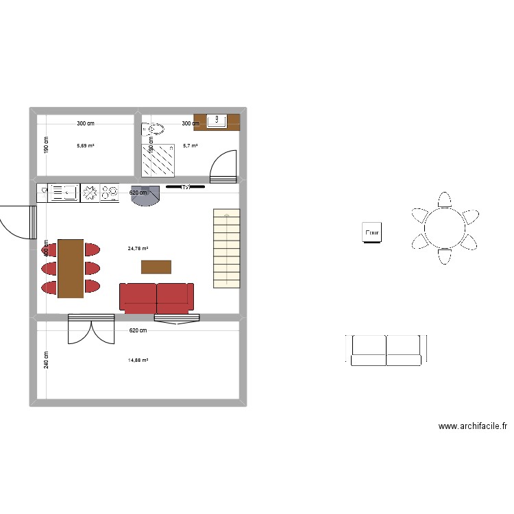 interieur rdc. Plan de 4 pièces et 51 m2