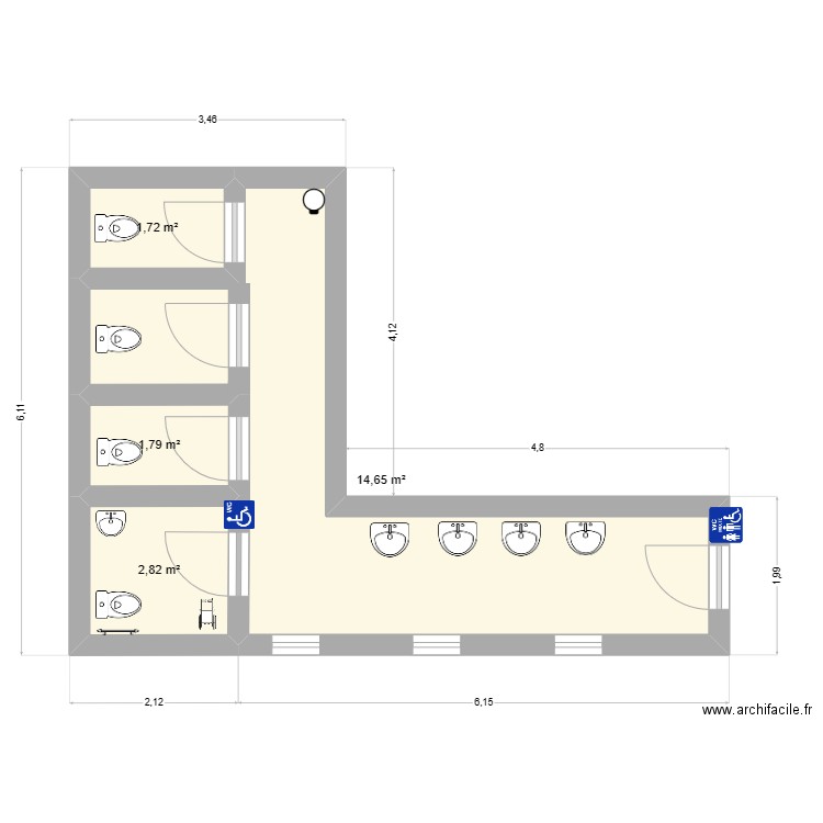 salle de bain acceuil hopital . Plan de 4 pièces et 21 m2