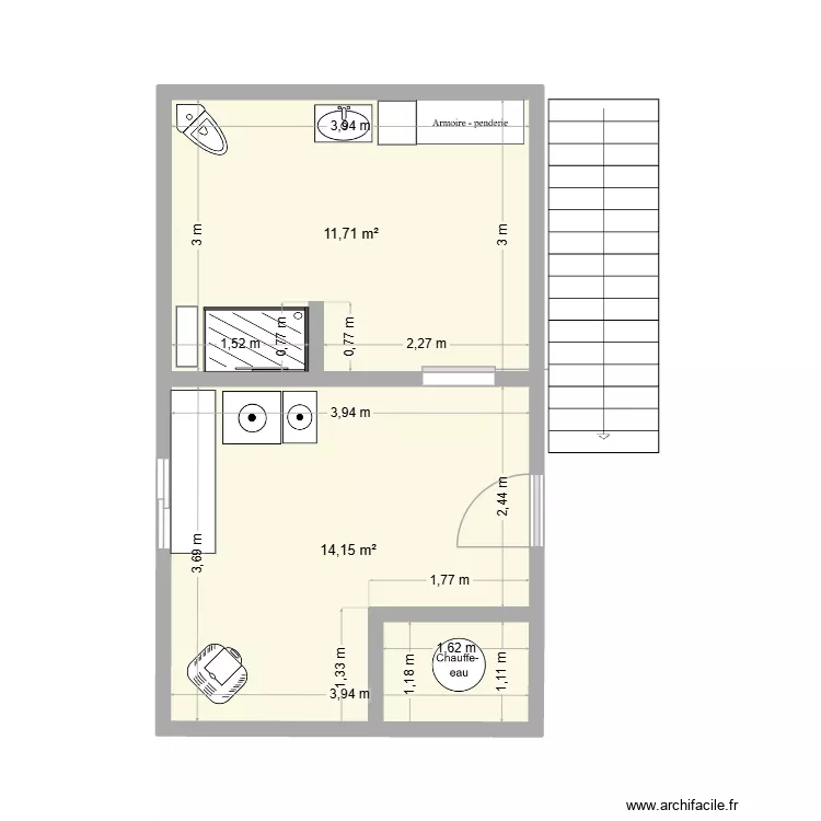 salle bain. Plan de 2  et 26 m²