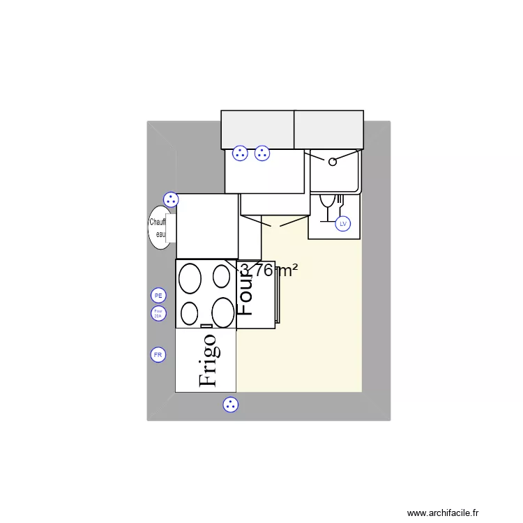 cuisine. Plan de 1  et 4 m²