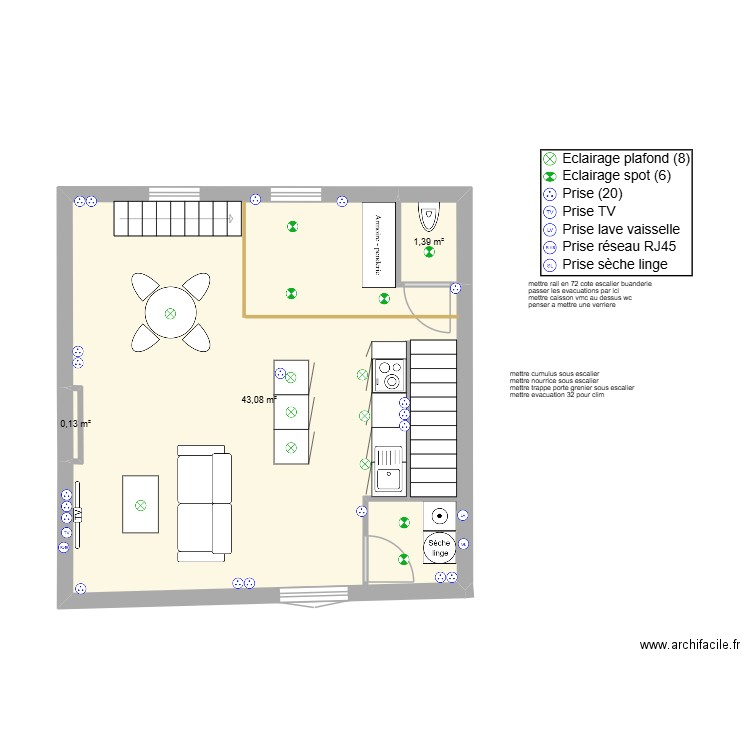 plan 1er v2 elec. Plan de 3 pièces et 45 m2