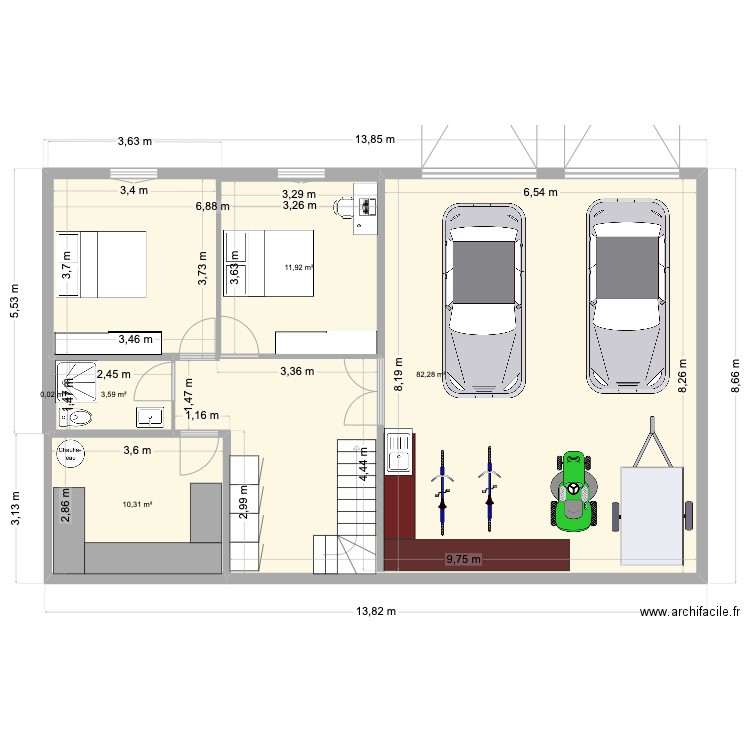 sous sol. Plan de 5 pièces et 108 m2
