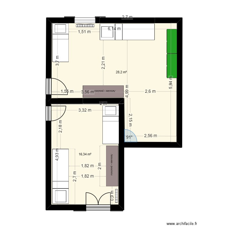 chambre enfants 2ème étage. Plan de 2 pièces et 45 m2