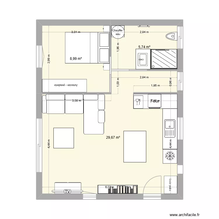 plan 3. Plan de 3  et 44 m²