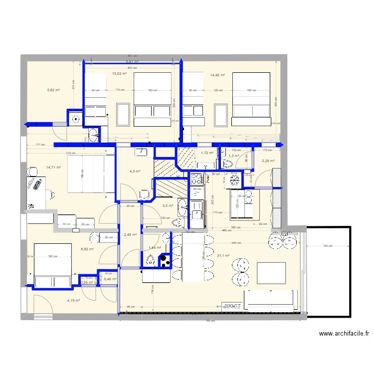 Plan projet meublé du 29 déc 23. Plan de 20 pièces et 111 m2