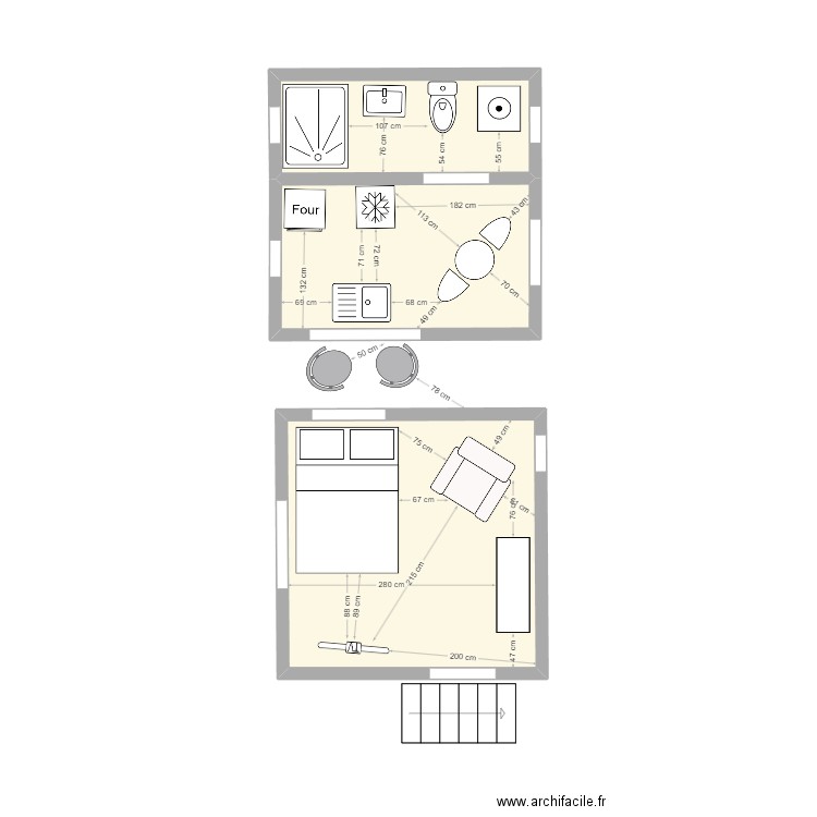 bungalow. Plan de 3 pièces et 27 m2