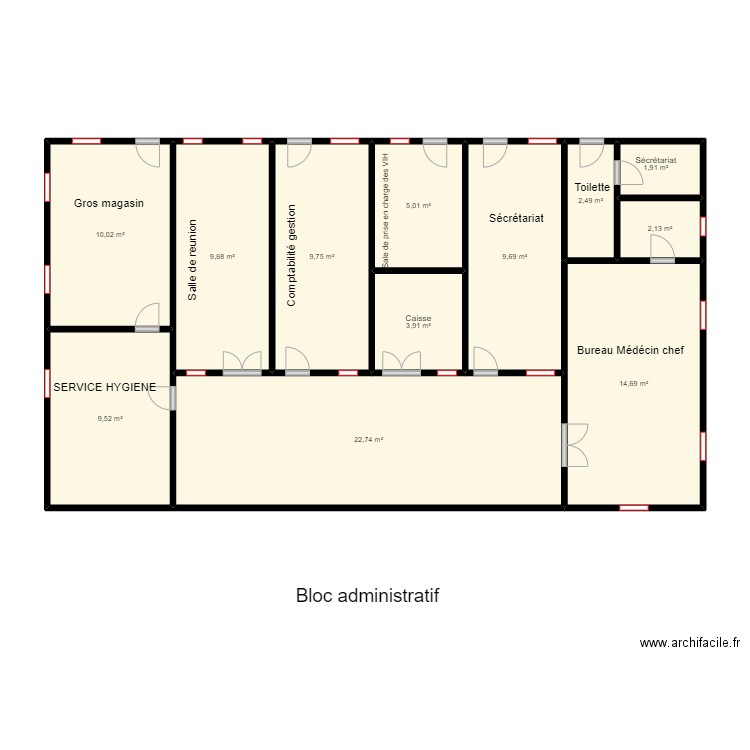 Vue en plan Bloc administratif de BOPA. Plan de 12 pièces et 102 m2