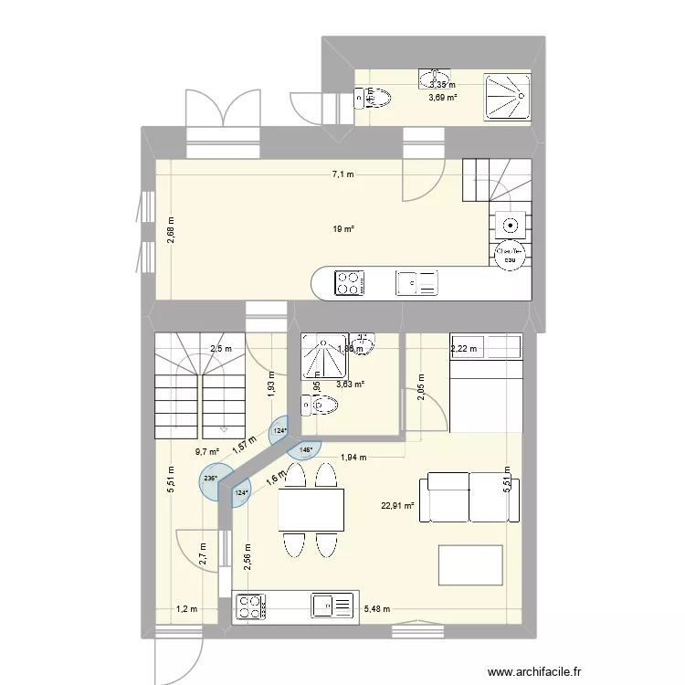 corseul RDC. Plan de 5 pièces et 59 m²