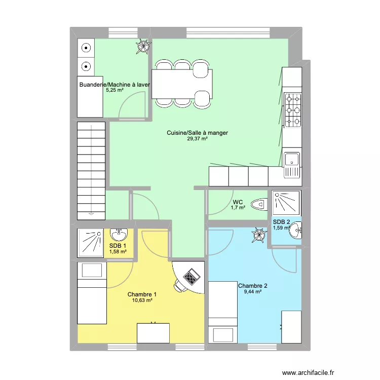 Coloc etage 1. Plan de 7  et 60 m²