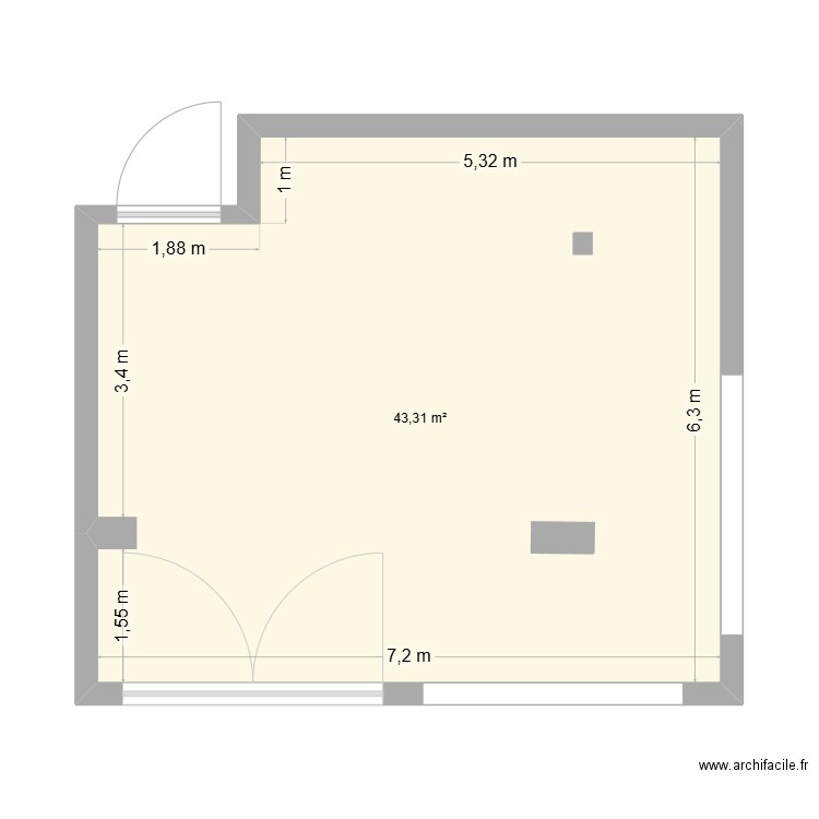 studio. Plan de 1 pièce et 43 m2