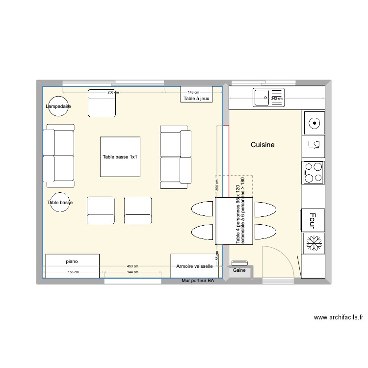 Cuisine en  U  avec armoire dans séjour. Plan de 3 pièces et 33 m2