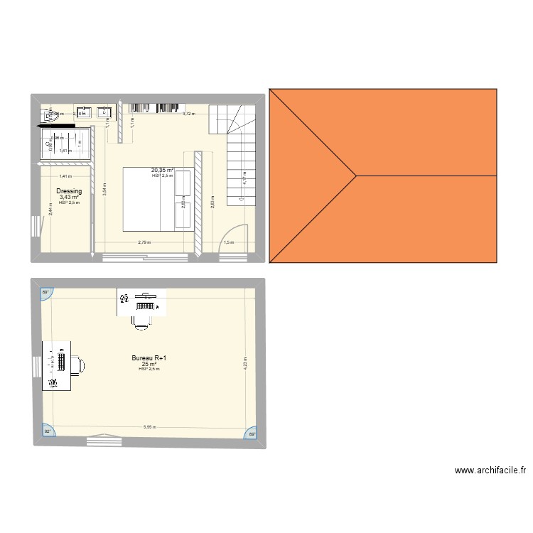 extension. Plan de 3 pièces et 49 m2
