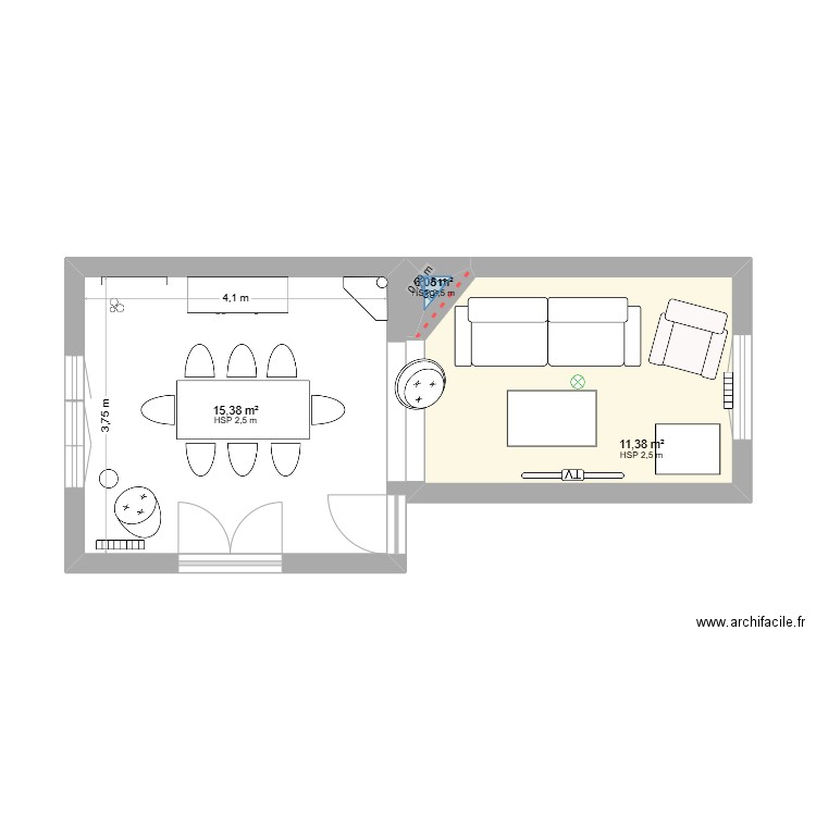 salon. Plan de 3 pièces et 27 m2