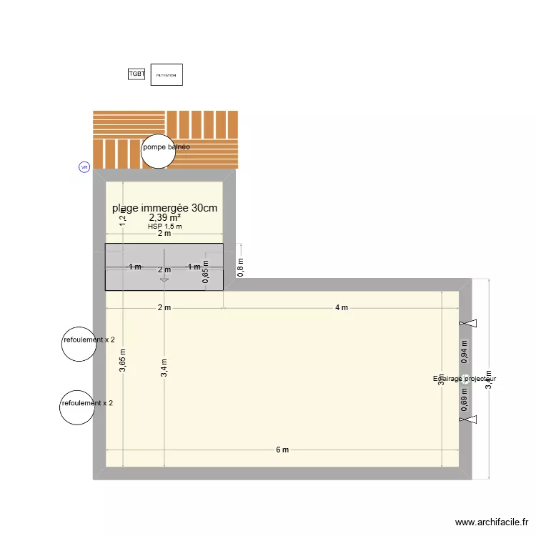 piscine en L. Plan de 2  et 22 m²