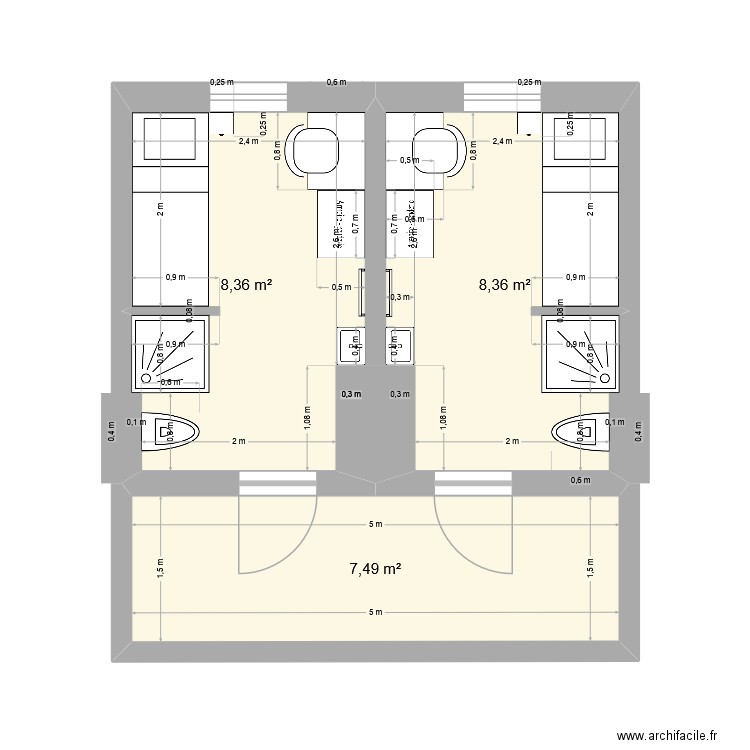 4 cellules SP/SD. Plan de 3 pièces et 24 m2