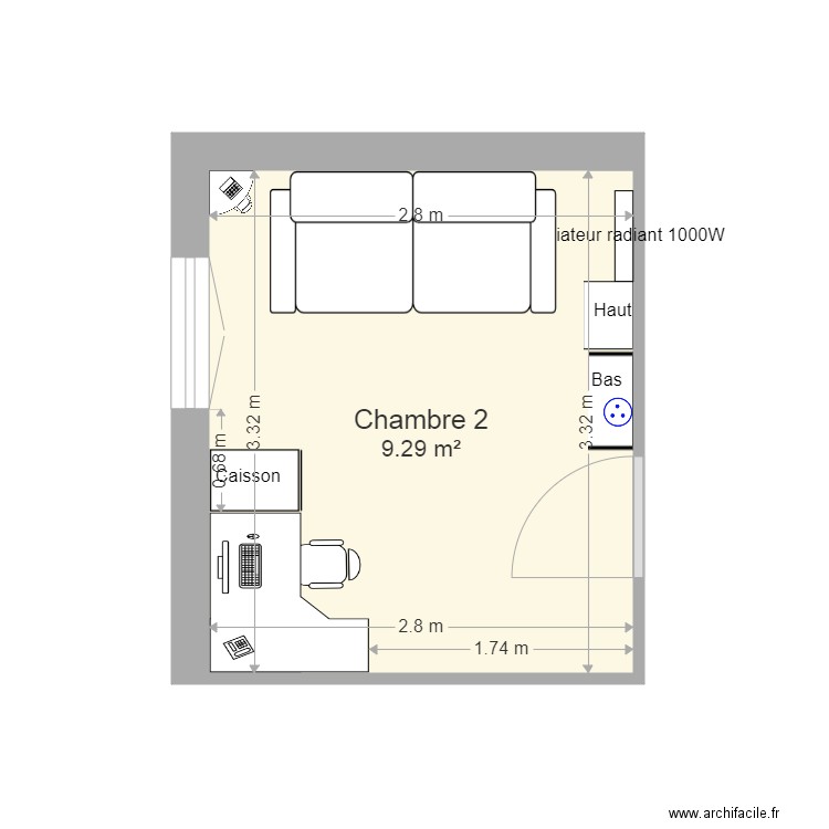 Chambre 2 meubles. Plan de 1 pièce et 9 m2