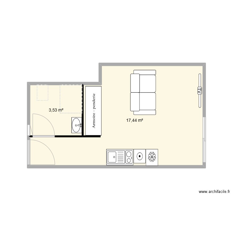 studio. Plan de 2 pièces et 21 m2