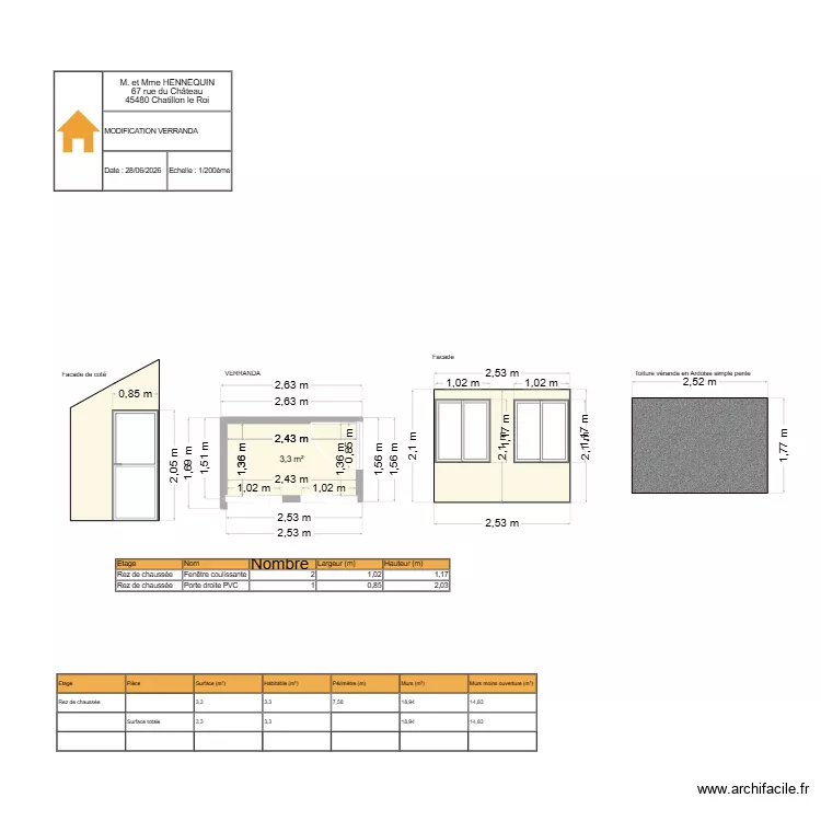 VERRANDA3. Plan de 1  et 3 m²
