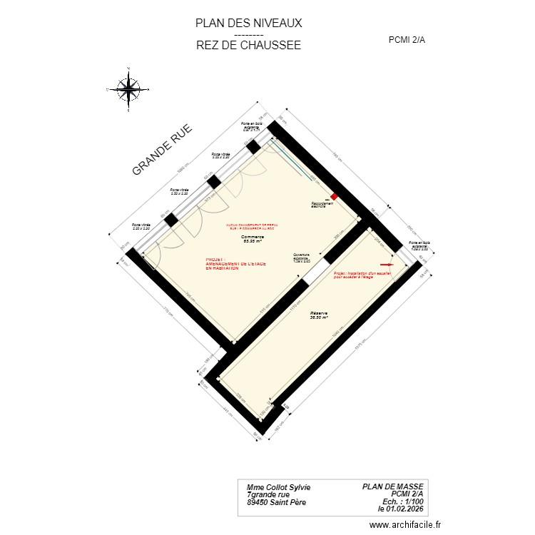 7pcmi 2A RDC. Plan de 2 pièces et 102 m2