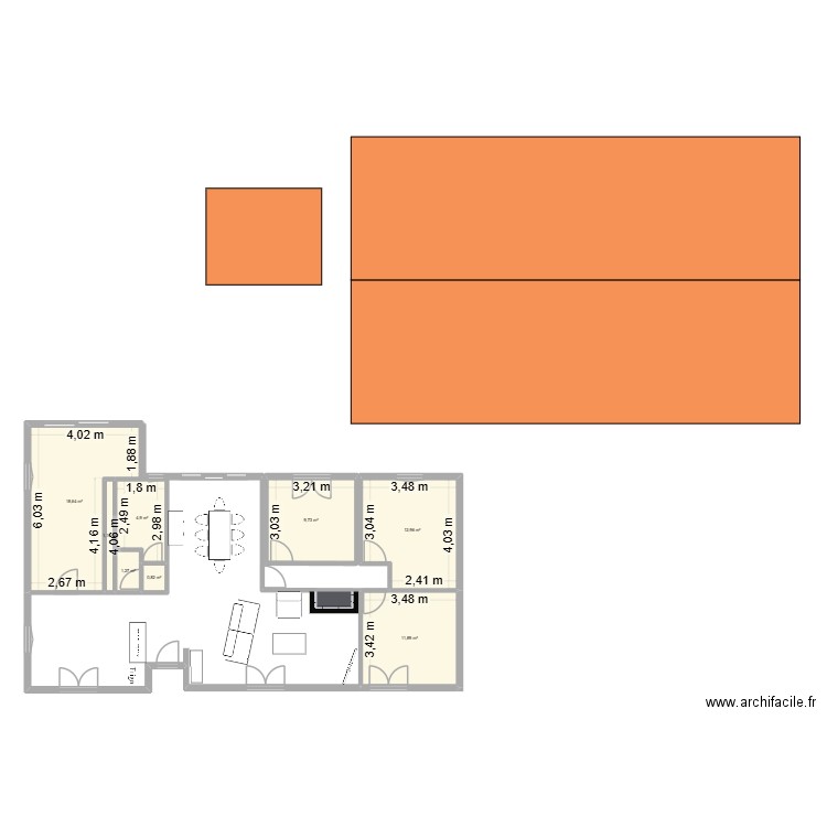 Les Groges. Plan de 8 pièces et 61 m2