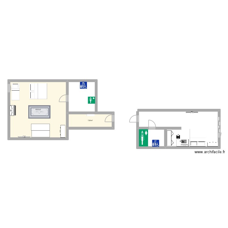 CHAMBRE HOTEL. Plan de 2 pièces et 47 m2