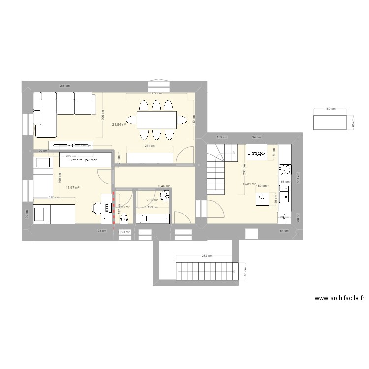 Maison R+1. Plan de 6 pièces et 54 m2