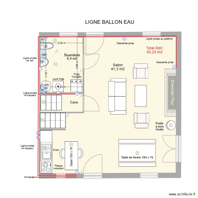 Electricité ligne ballon eau. Plan de 3 pièces et 50 m2