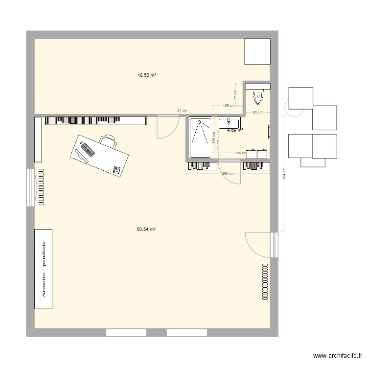 sdb haut 2025_75x140_carrelage. Plan de 3 pièces et 74 m2