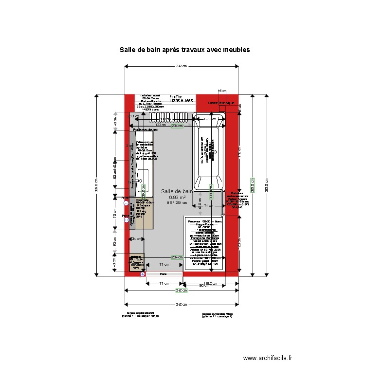 Salle de bain après travaux avec meubles. Plan de 1 pièce et 7 m2