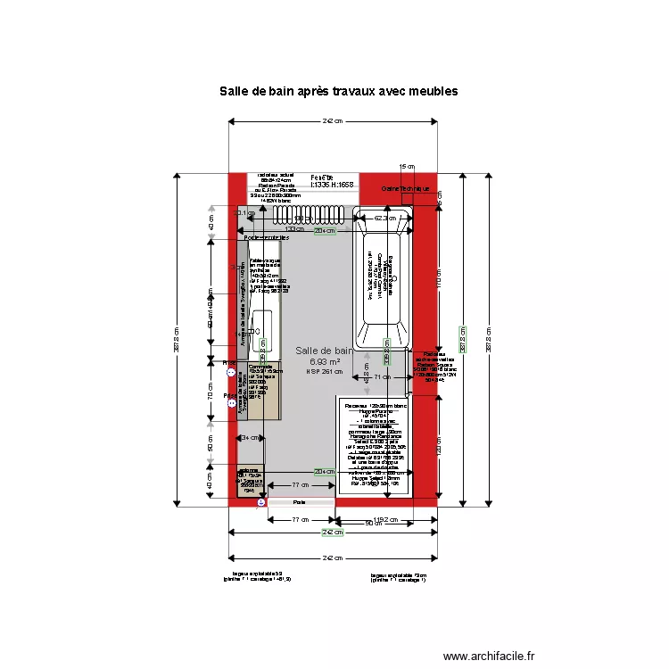 Salle de bain apr&egrave;s travaux avec meubles. Plan de 