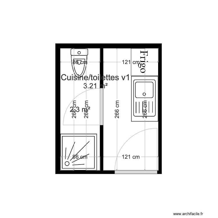Cuisine toilettes bureau Marignan Paris V1. Plan de 