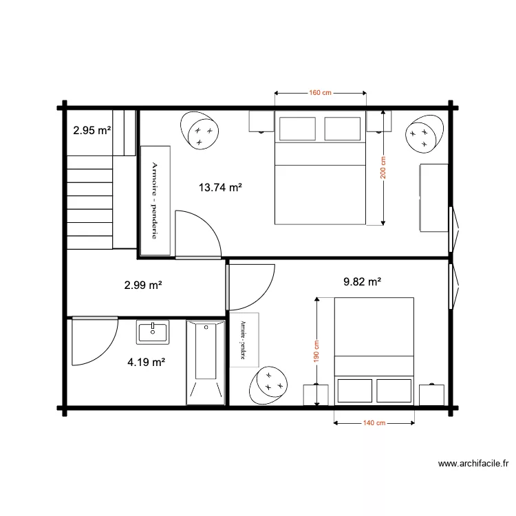 Etage Chalet 34 M avec SDB. Plan de 