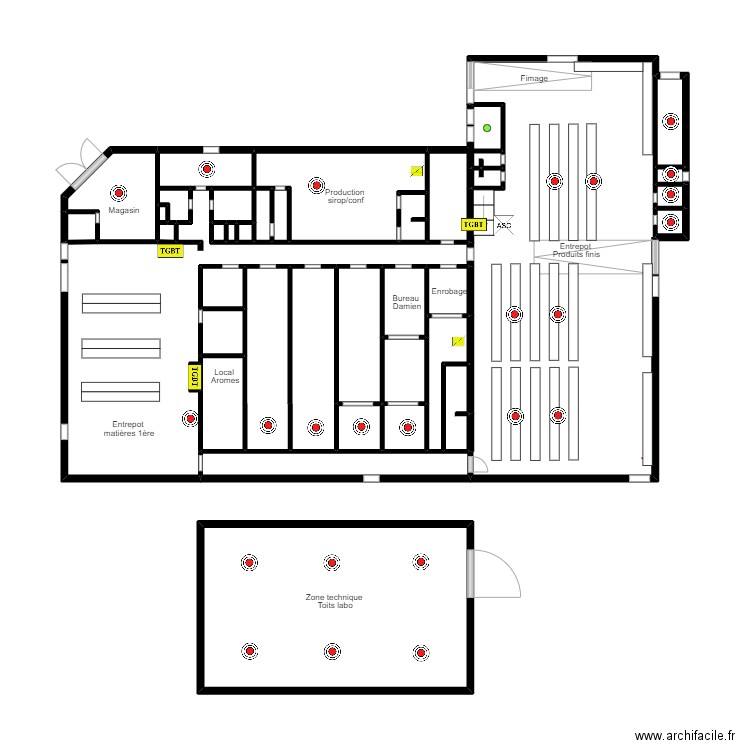 QUAI SUD 3  RDC Detection. Plan de 36 pièces et 67 m2