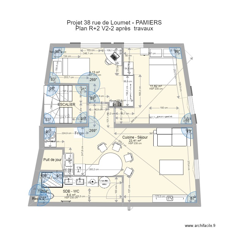 PAMIERS3 R2 V2-2 après travaux. Plan de 7 pièces et 55 m2