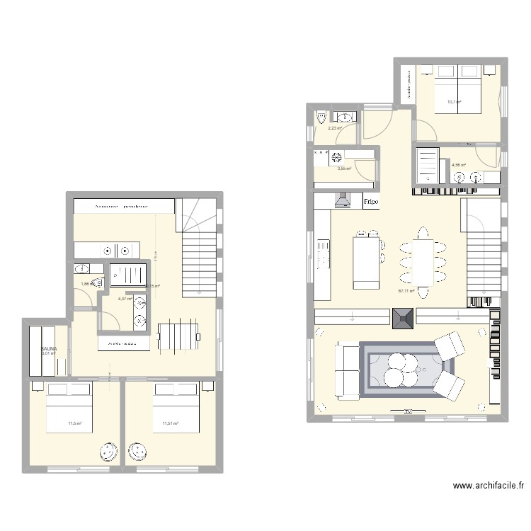 Maison 2 Niveaux variante 1. Plan de 11 pièces et 150 m2