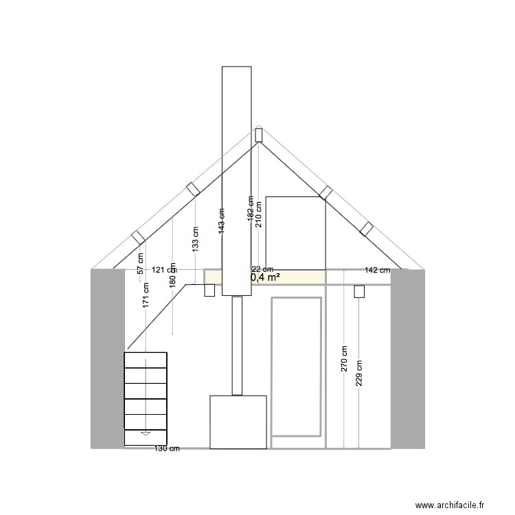 profil mur refend côté cuisine cuisinière à droite. Plan de 1 pièce et 0 m2