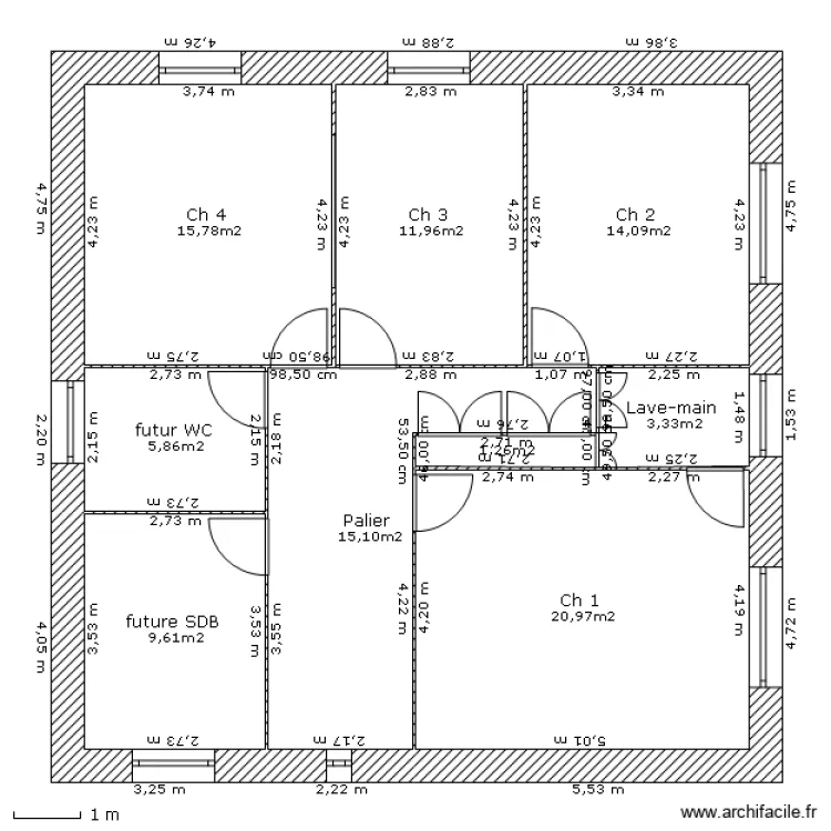 Le haut avec mesures et surfaces. Plan de 