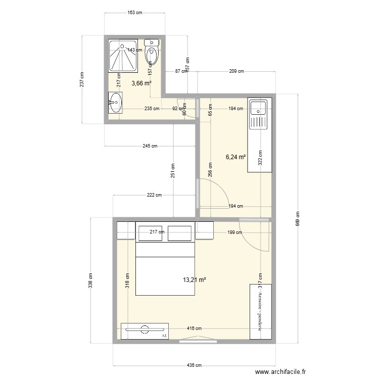 Apart n2  Caneval . Plan de 3 pièces et 23 m2