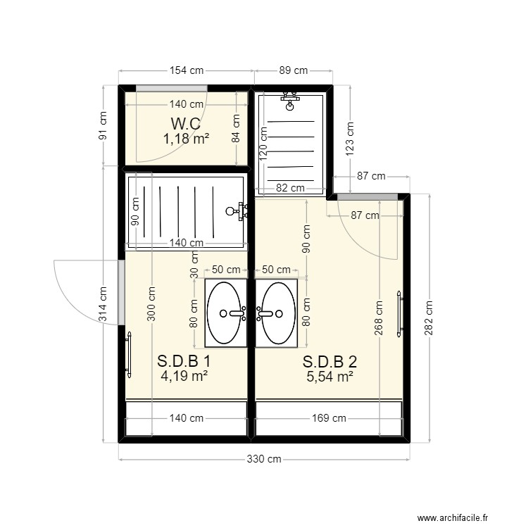 2 S.D.B. Plan de 3 pièces et 11 m2