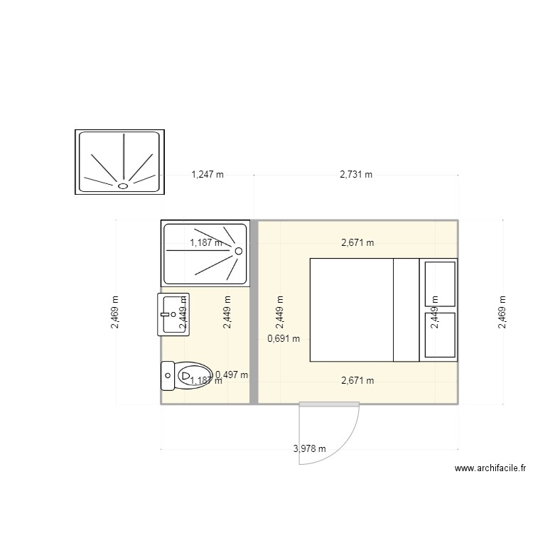 SDBA. Plan de 2 pièces et 9 m2