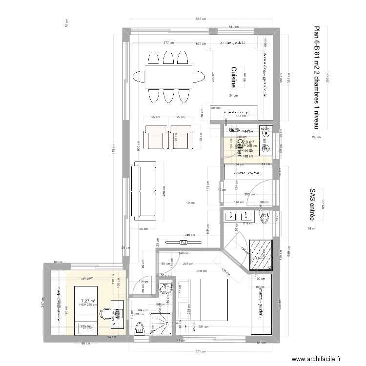 plan rez 6-B 81 m2 L entrée côté Nord. Plan de 2 pièces et 10 m2