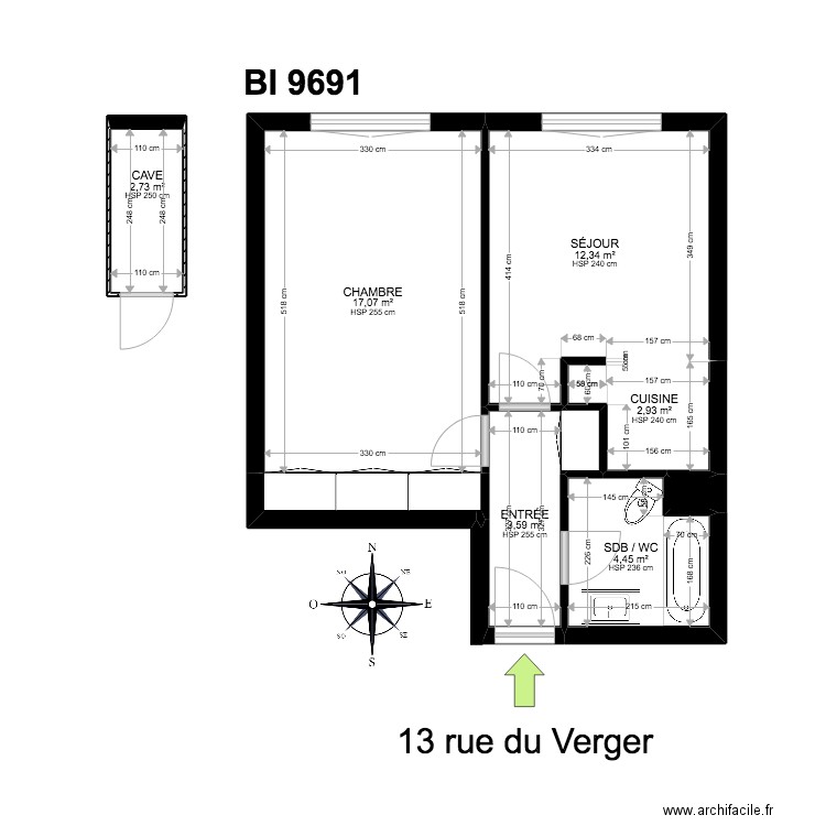 BI 9691. Plan de 9 pièces et 46 m2