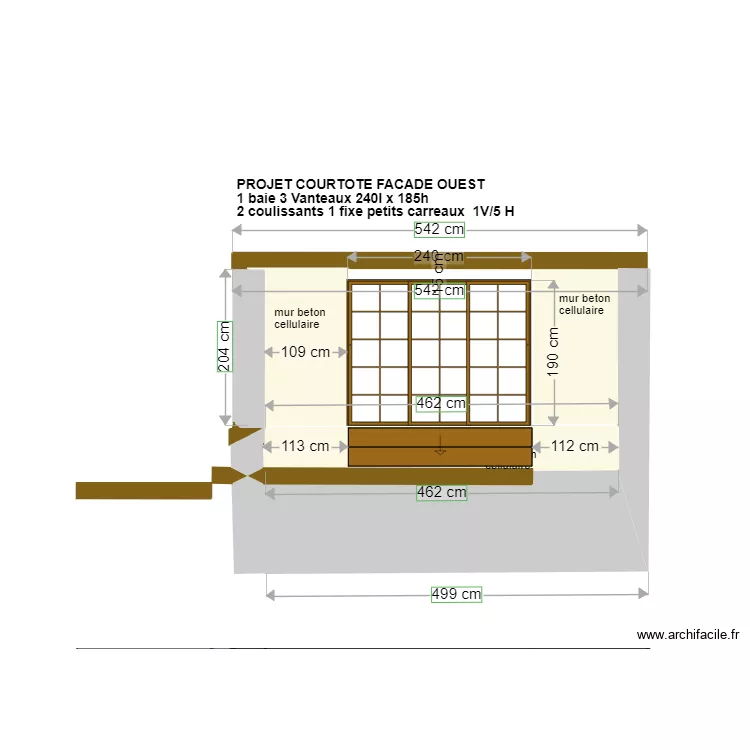 PLAN FACADE COURTOTE  OUEST baie 240x190 petits carreaux. Plan de 