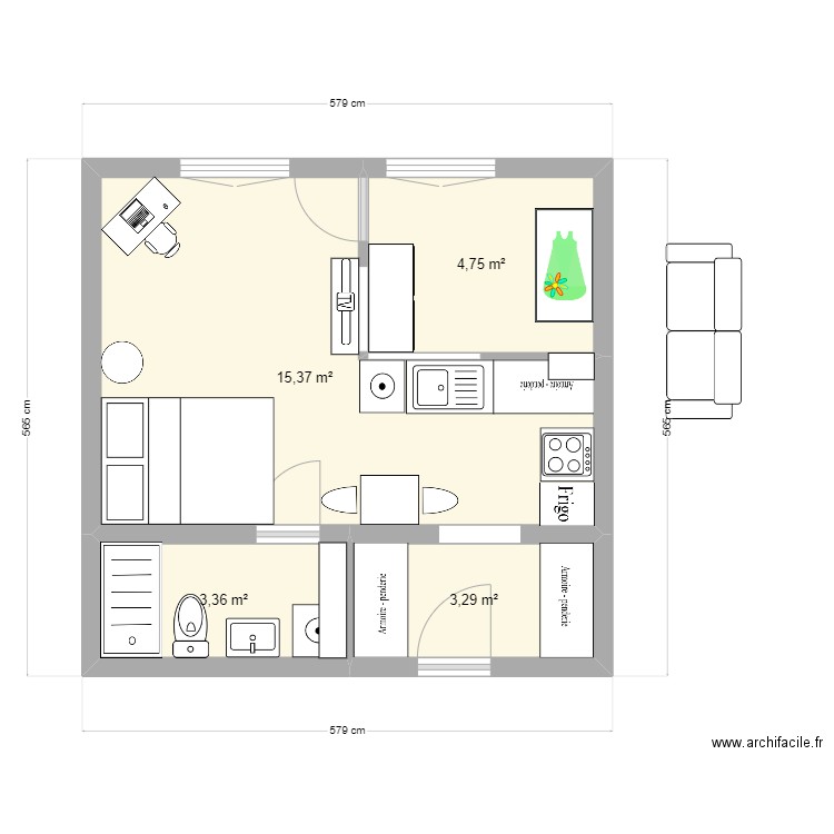 Jean mimi V2. Plan de 4 pièces et 27 m2