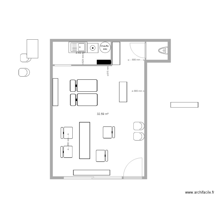 COIF. Plan de 2 pièces et 36 m2