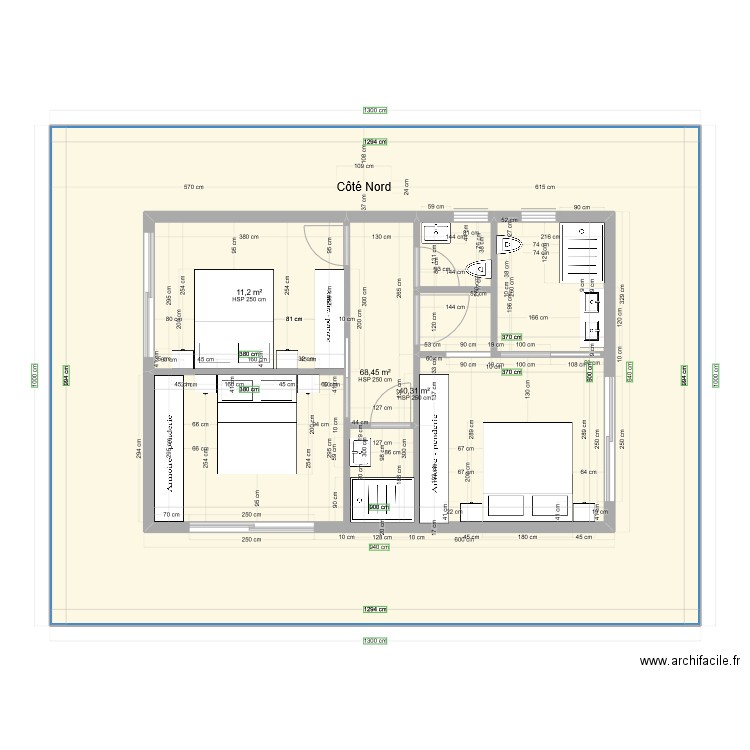 Chambres 6 x 9 mètres étage simulation côté Nord, escalier à ajouter. Plan de 3 pièces et 180 m2
