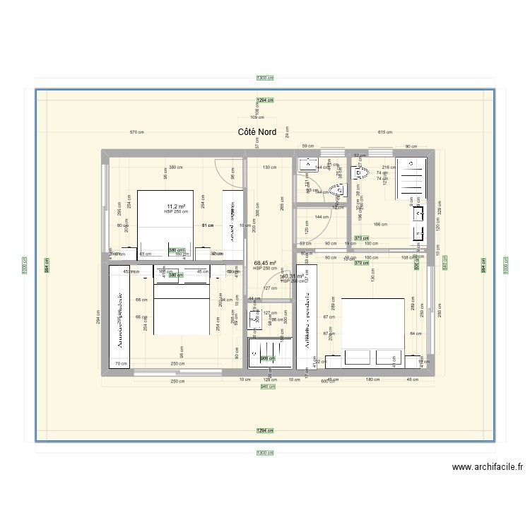 Chambres 6 x 9 mètres étage simulation côté Nord, escalier à ajouter. Plan de 0 pièce et 0 m2