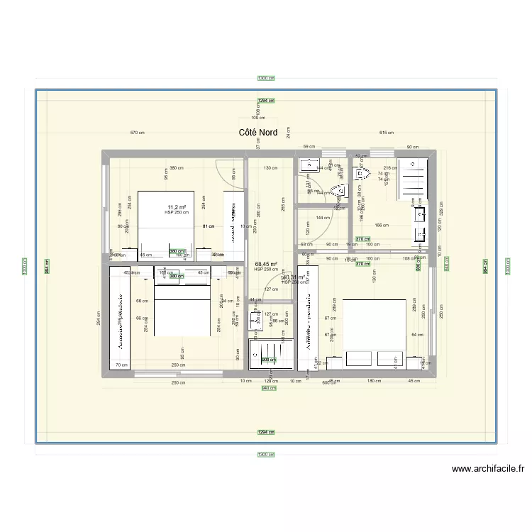 Chambres 6 x 9 m&egrave;tres &eacute;tage simulation c&ocirc;t&eacute; Nord, escalier &agrave; ajouter. Plan de 